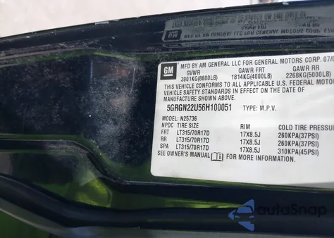 2006 Hummer H2 Sut z USA, uszkodzony, nr VIN 5GRGN22U56H100051